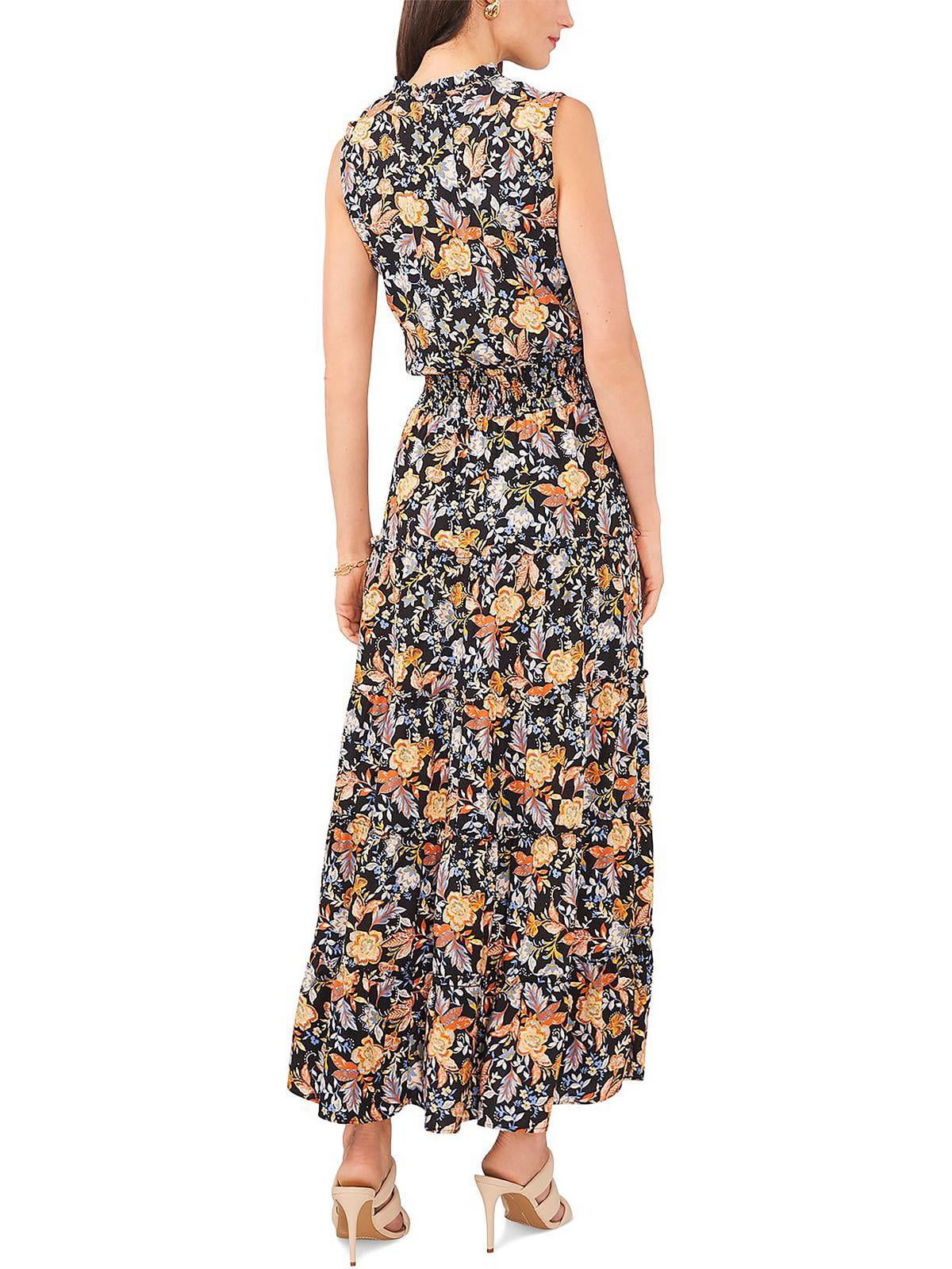 Vestido longo feminino MSK com estampa floral, cintura franzida e camadas, preto, tamanho extragrande