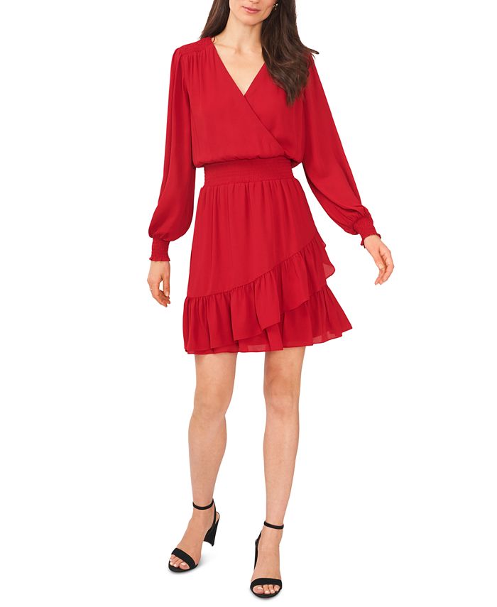 Vestido feminino MSK com decote em V, cintura franzida e babados, tamanho P, vermelho