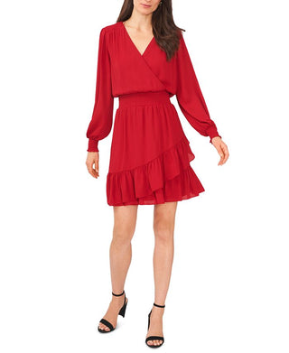 Vestido feminino MSK com decote em V, cintura franzida e babados, tamanho P, vermelho