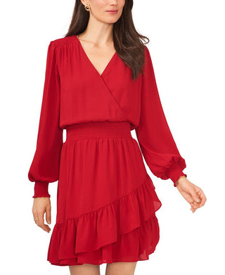 Vestido feminino MSK com decote em V, cintura franzida e babados, tamanho P, vermelho