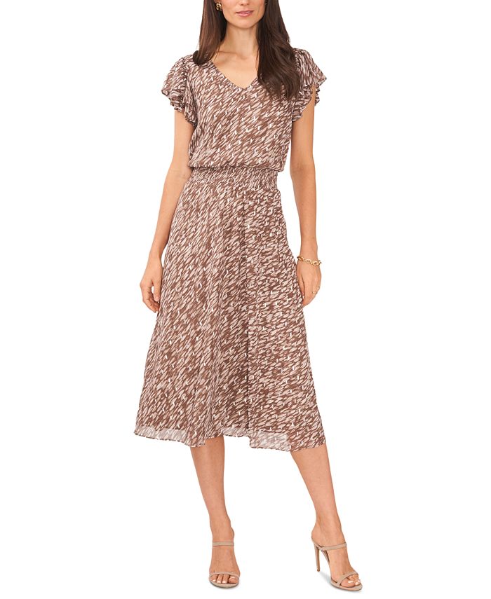 Vestido midi feminino MSK com mangas esvoaçantes e cintura franzida, marrom, tamanho pequeno