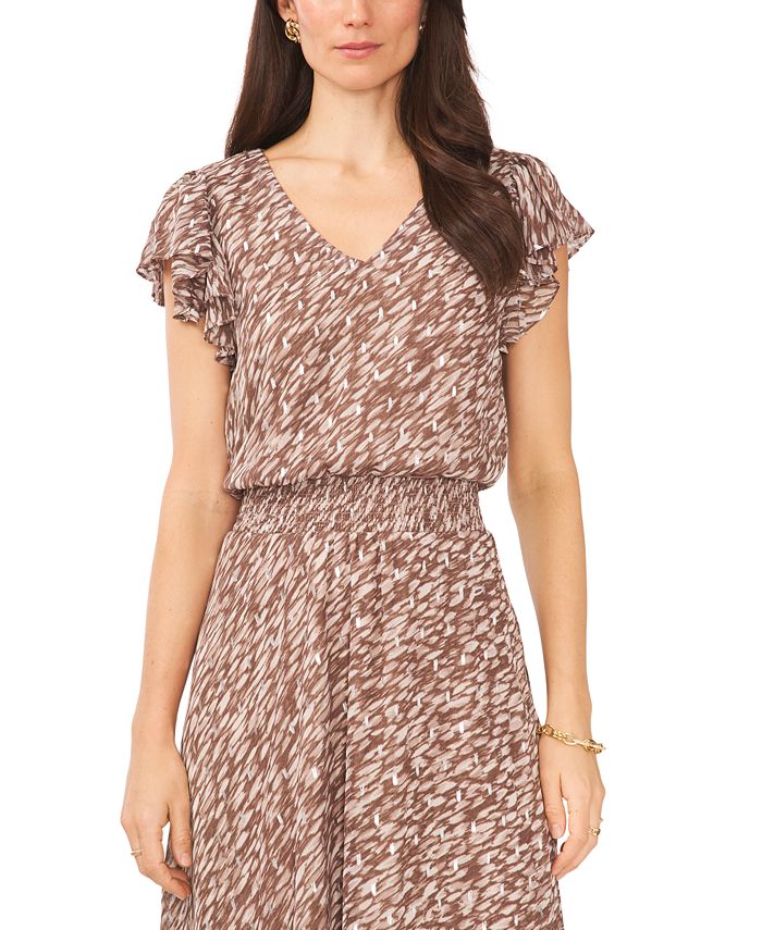 Vestido midi feminino MSK com mangas esvoaçantes e cintura franzida, marrom, tamanho pequeno