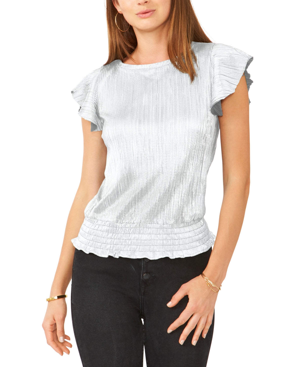 Blusa feminina Sam &amp; Jess com mangas esvoaçantes metálicas e bainha franzida, cinza, tamanho pequeno