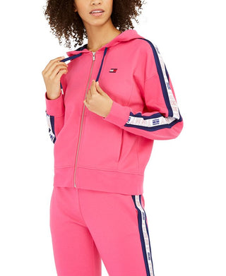 Tommy Hilfiger Moletom com capuz feminino com logotipo esportivo e zíper, rosa, tamanho extragrande