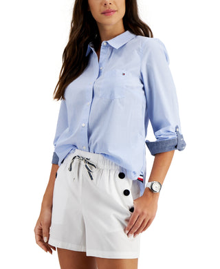 Camisa feminina Tommy Hilfiger de algodão com listras e botões, azul, tamanho XX-G