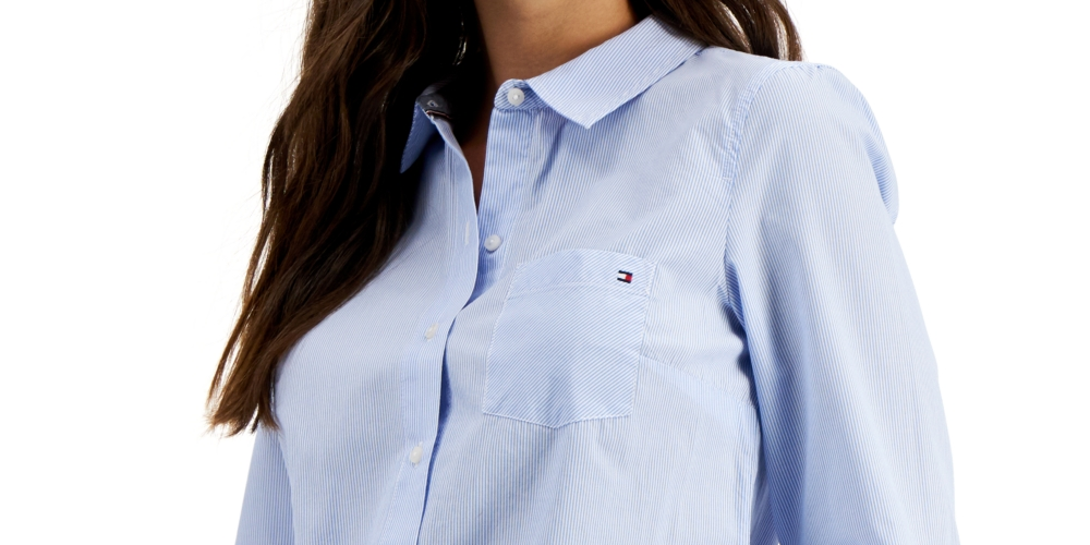 Camisa feminina Tommy Hilfiger de algodão com listras e botões, azul, tamanho XX-G