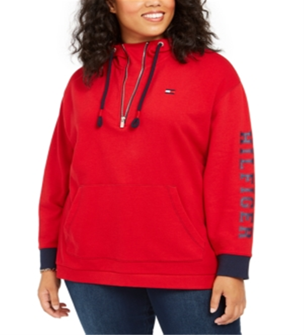 Tommy Hilfiger Moletom com capuz feminino com zíper e logotipo, vermelho, tamanho 3X