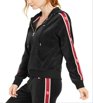Tommy Hilfiger Moletom com capuz feminino com zíper e logo em veludo, tamanho P