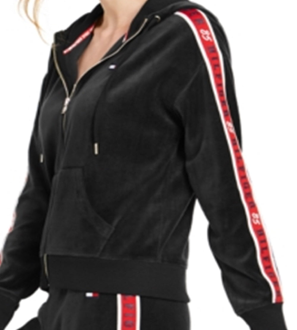 Tommy Hilfiger Moletom com capuz feminino com zíper e logo em veludo, tamanho P