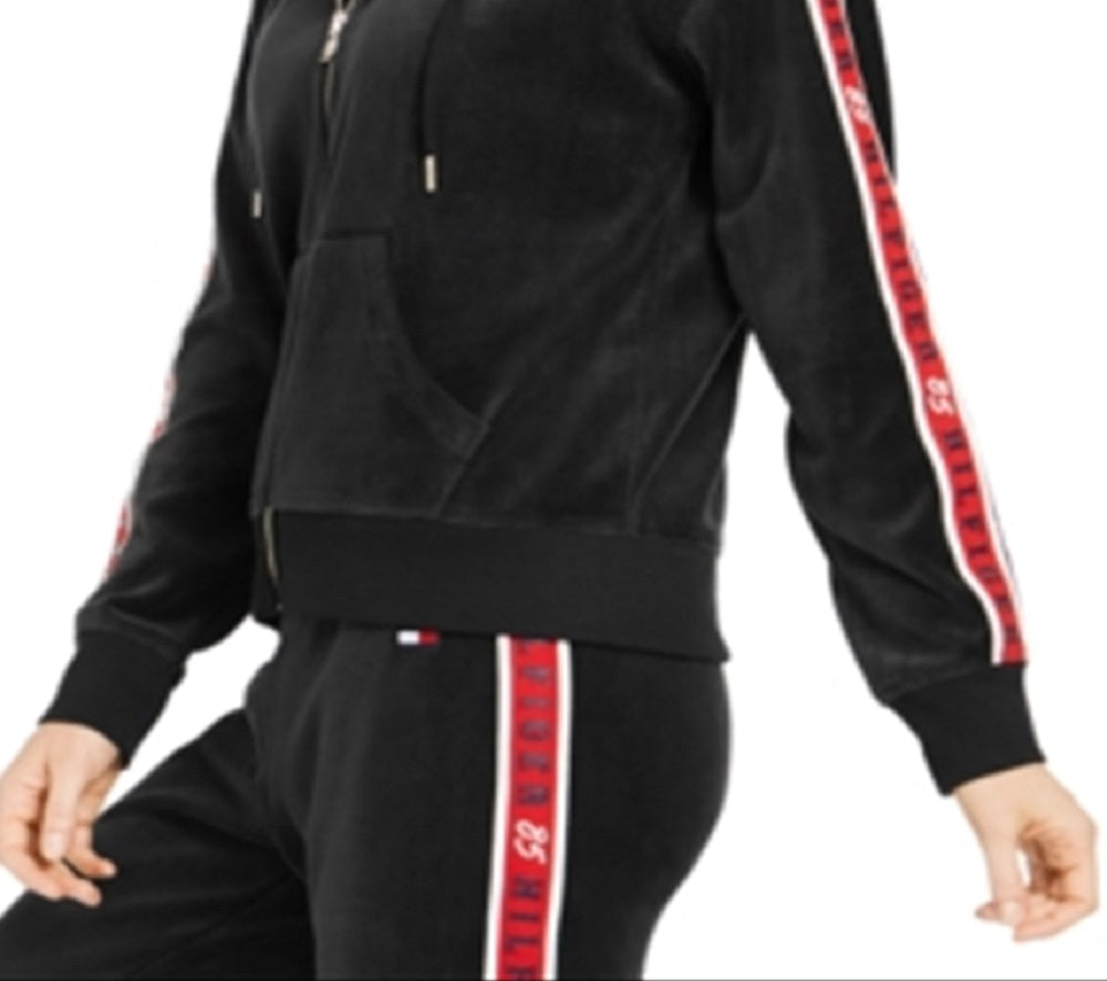 Tommy Hilfiger Moletom com capuz feminino com zíper e logo em veludo, tamanho P