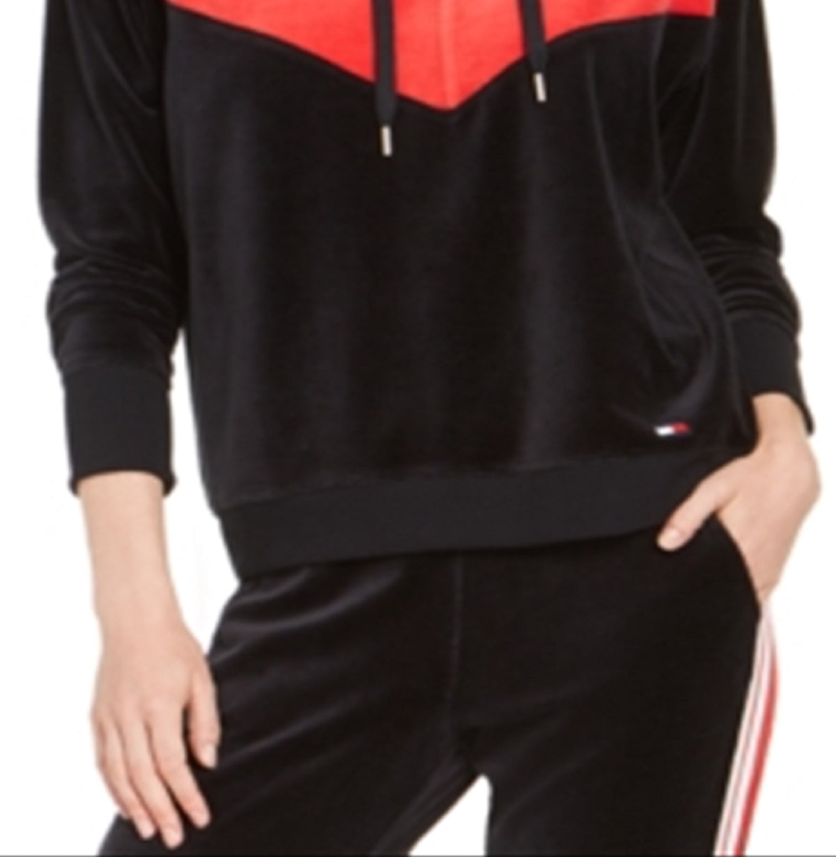 Tommy Hilfiger Velour Chevron Pullover Hoodie Feminino Preto Tamanho XX-G