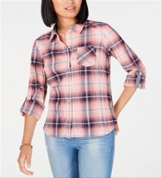 Camisa utilitária xadrez feminina Tommy Hilfiger rosa tamanho médio