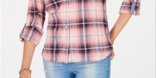 Camisa utilitária xadrez feminina Tommy Hilfiger rosa tamanho médio