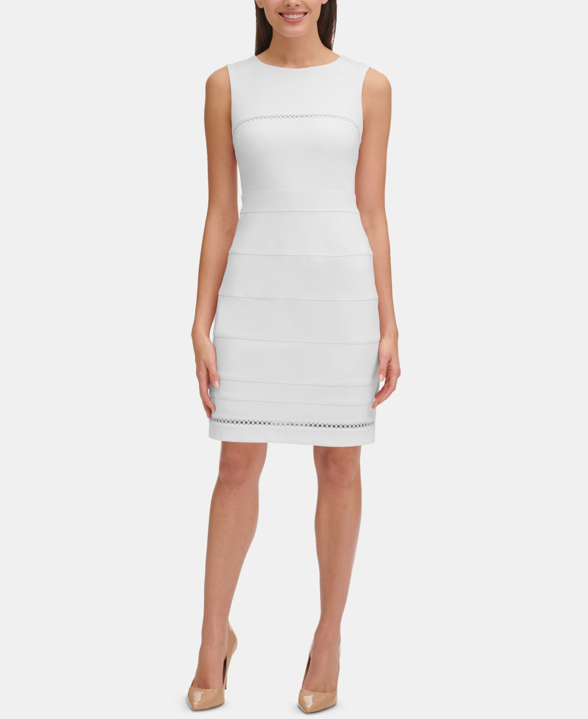 Vestido feminino Tommy Hilfiger com acabamento circular, branco, tamanho 14