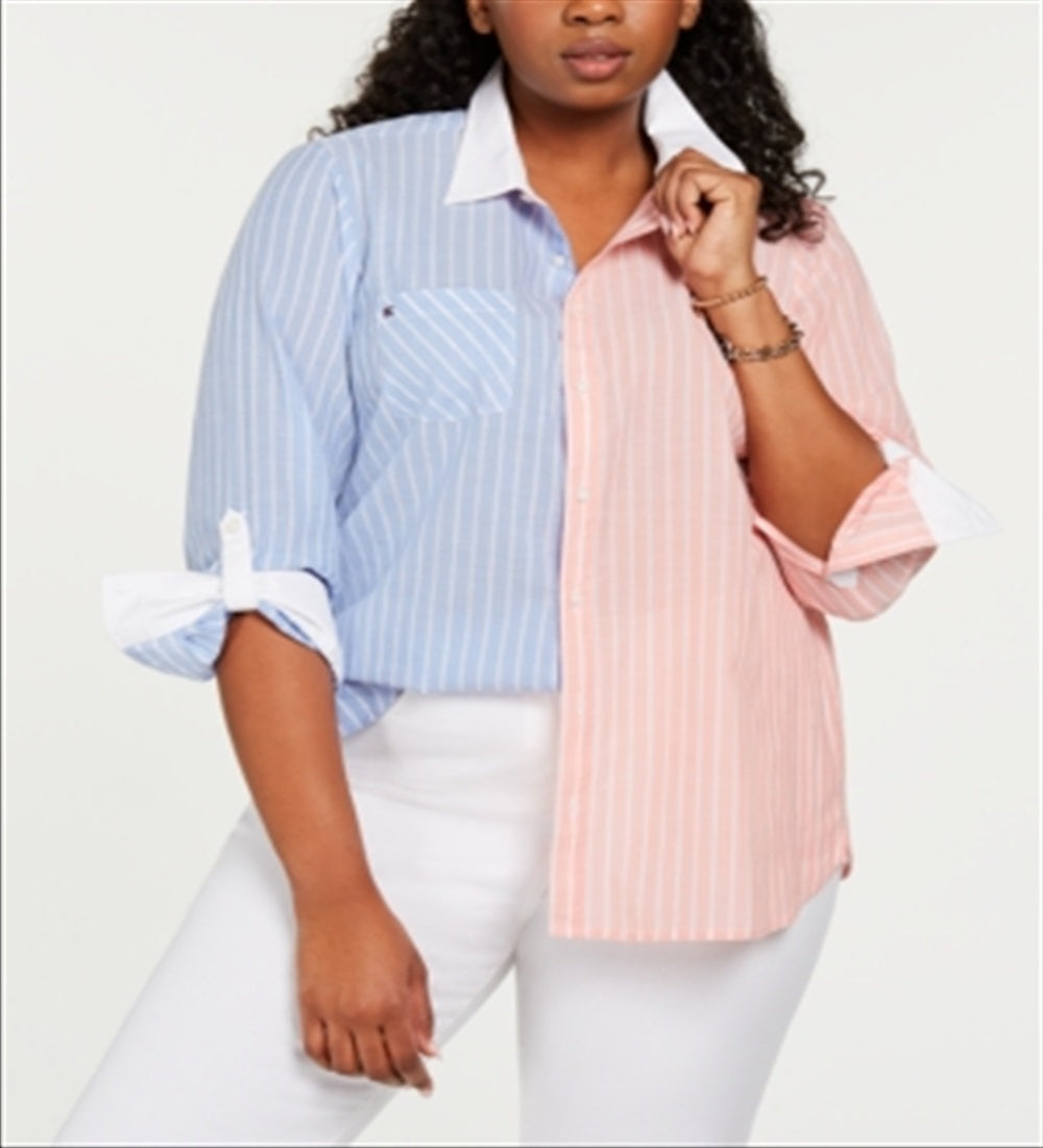 Camisa listrada bicolor de algodão Tommy Hilfiger feminina, rosa, tamanho 3X