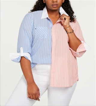 Camisa listrada bicolor de algodão Tommy Hilfiger feminina, rosa, tamanho 3X