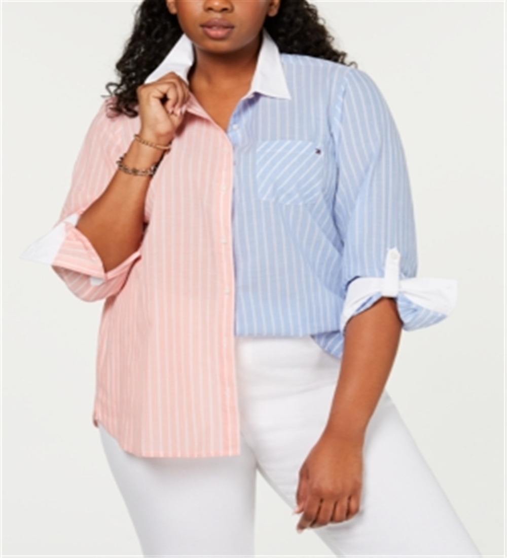 Camisa listrada bicolor de algodão Tommy Hilfiger feminina, rosa, tamanho 3X