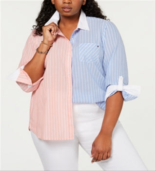 Tommy Hilfiger Women's Cotton Two Tone Striped Shirt Pink Size 3X