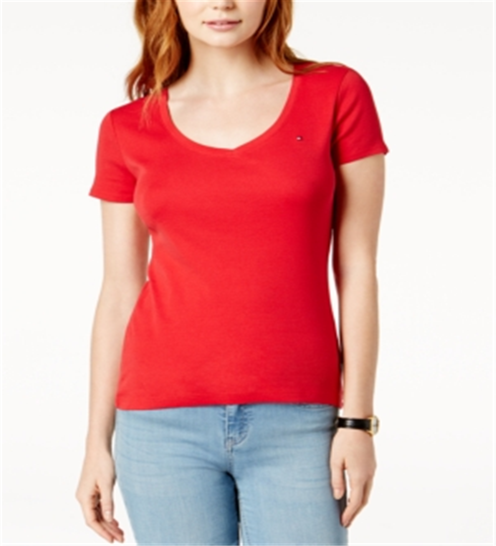 Camiseta feminina Tommy Hilfiger com decote em V, vermelha, tamanho médio