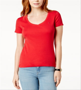 Camiseta feminina Tommy Hilfiger com decote em V, vermelha, tamanho médio