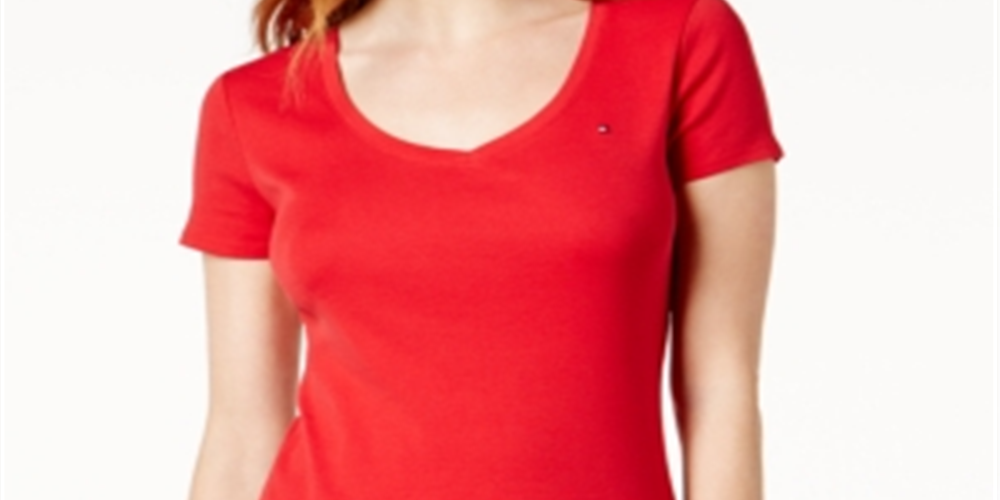 Camiseta feminina Tommy Hilfiger com decote em V, vermelha, tamanho médio