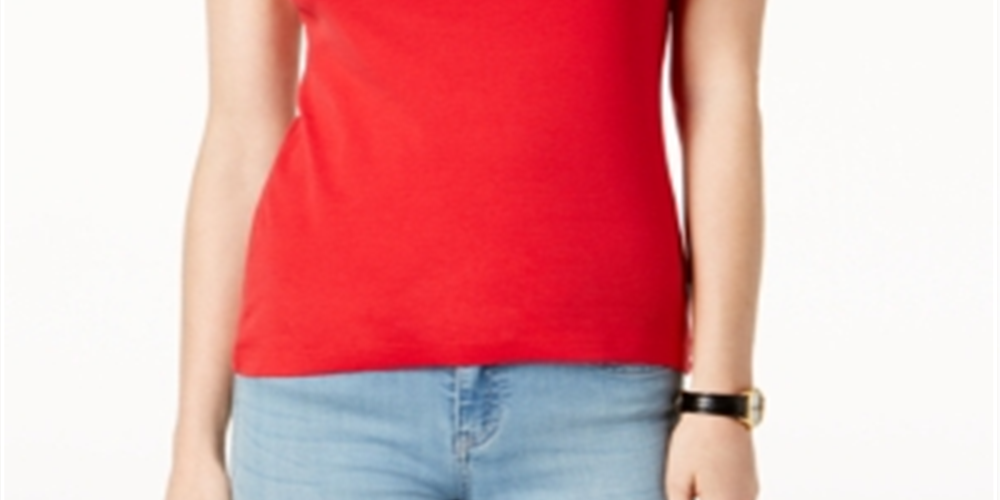 Camiseta feminina Tommy Hilfiger com decote em V, vermelha, tamanho médio