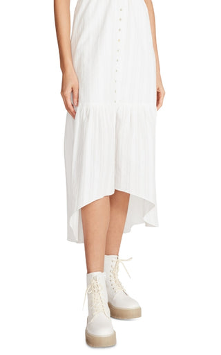 Vestido midi alto e baixo Betsey Johnson feminino, de algodão texturizado, com mangas franzidas, tamanho médio, branco