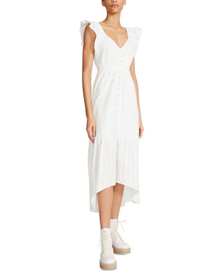 Vestido midi alto e baixo Betsey Johnson feminino, de algodão texturizado, com mangas franzidas, tamanho médio, branco
