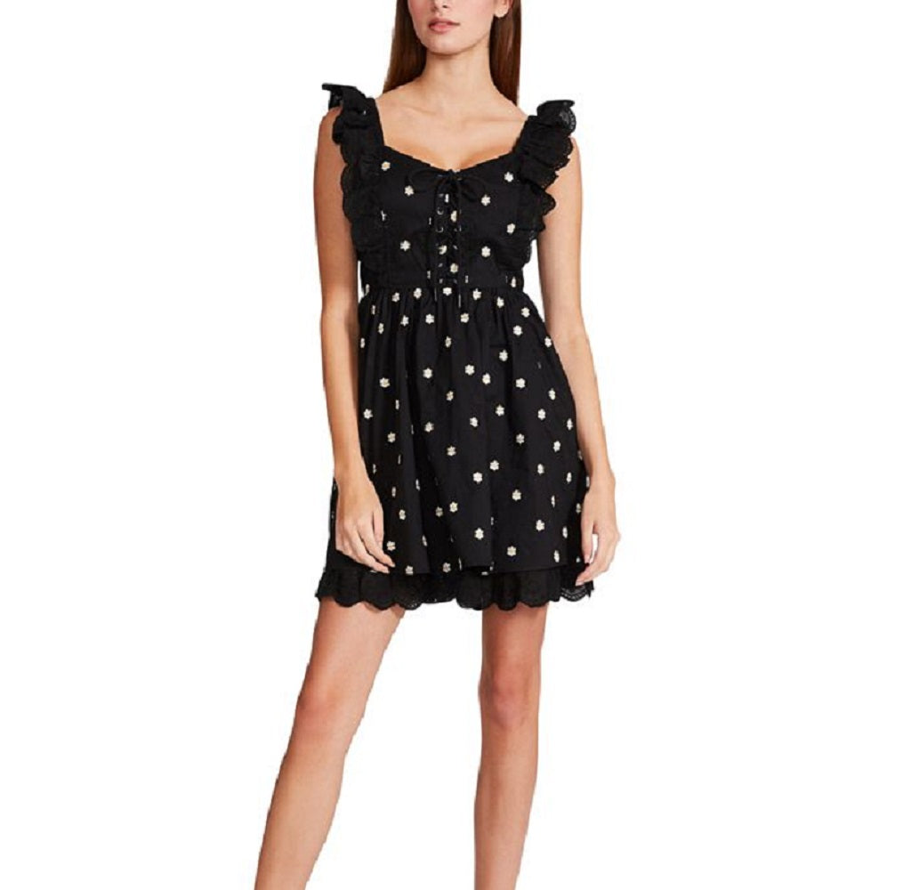 Vestido Betsey Johnson Feminino Bordado Daisy Voile Com Cadarço, Ajuste Evasê, Preto, Tamanho 14