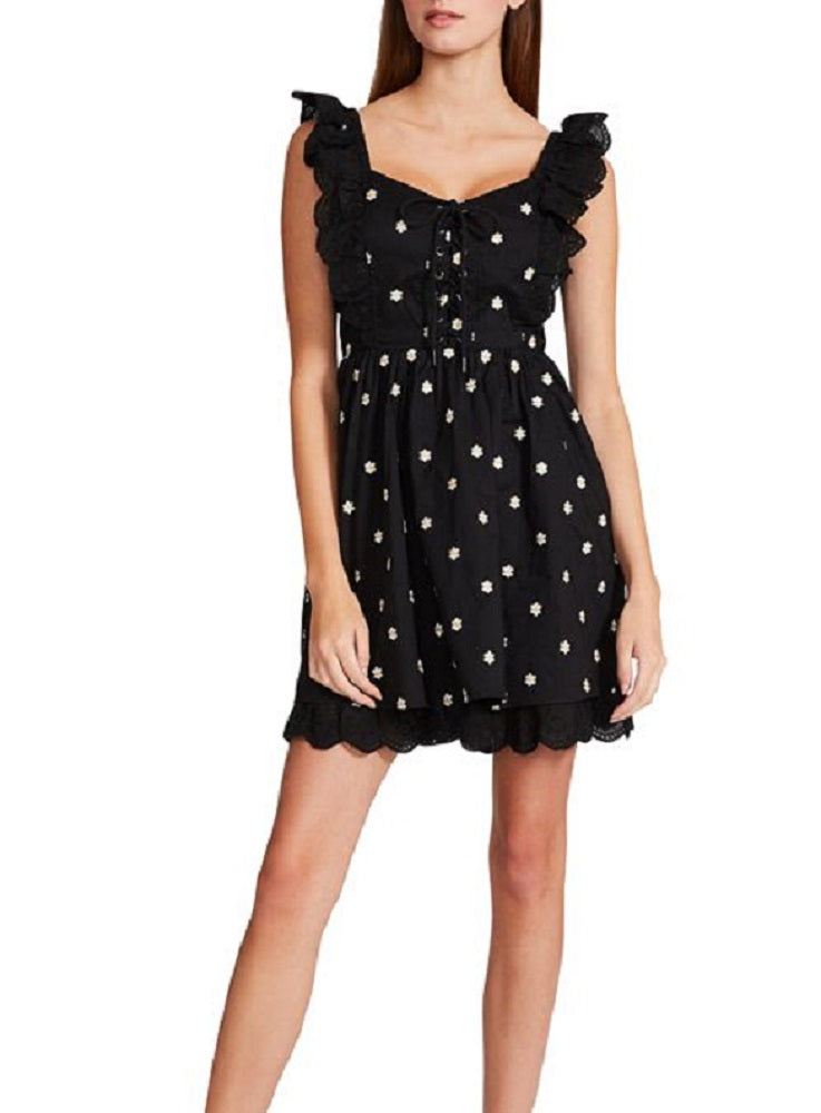 Vestido Betsey Johnson Feminino Bordado Daisy Voile Com Cadarço, Ajuste Evasê, Preto, Tamanho 2