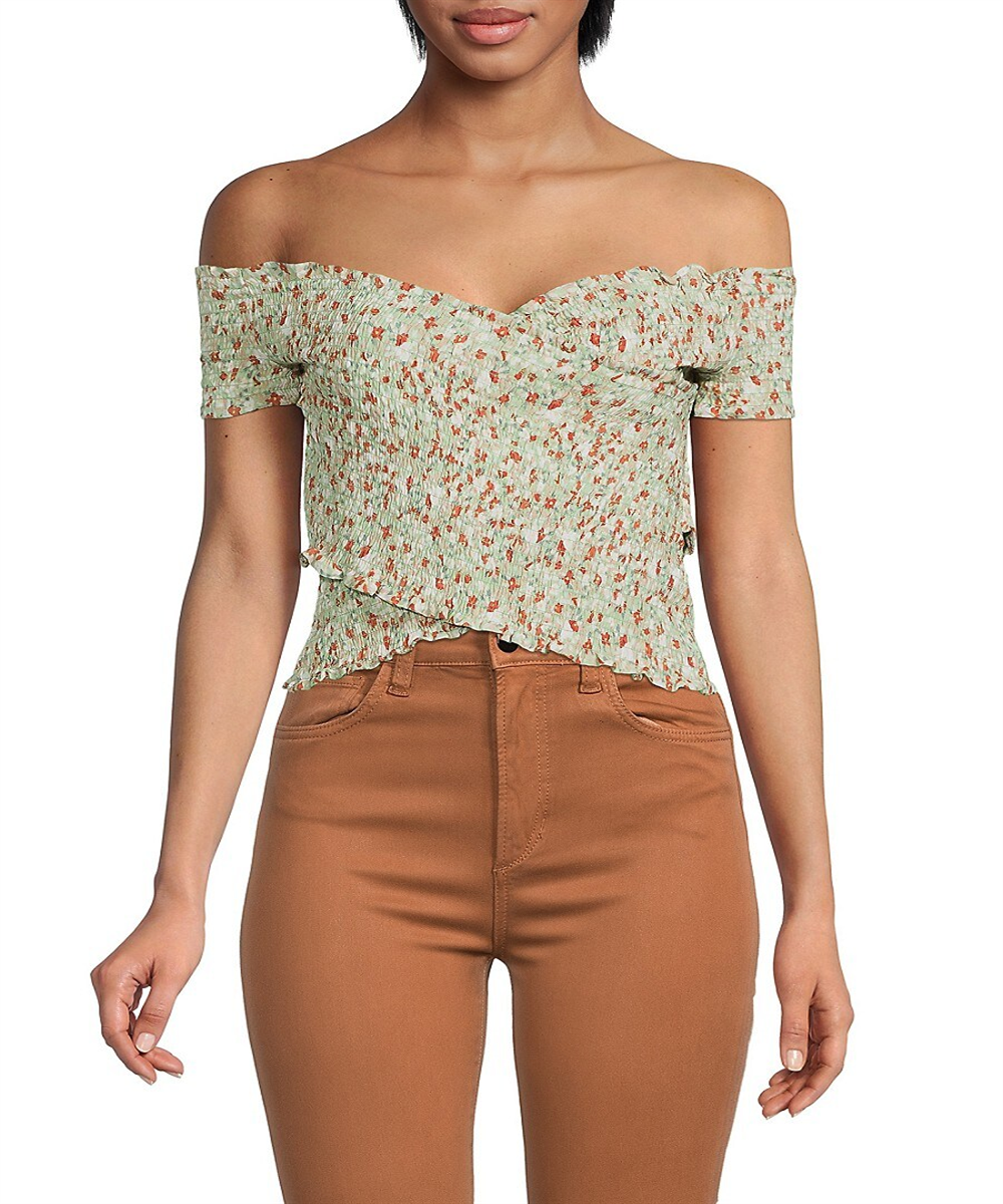 BB Dakota Feminino Light Sage Ombro a Ombro Smocked Crop Top Tamanho Grande