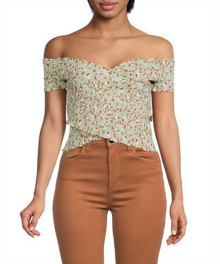 BB Dakota Feminino Light Sage Ombro a Ombro Smocked Crop Top Tamanho Grande