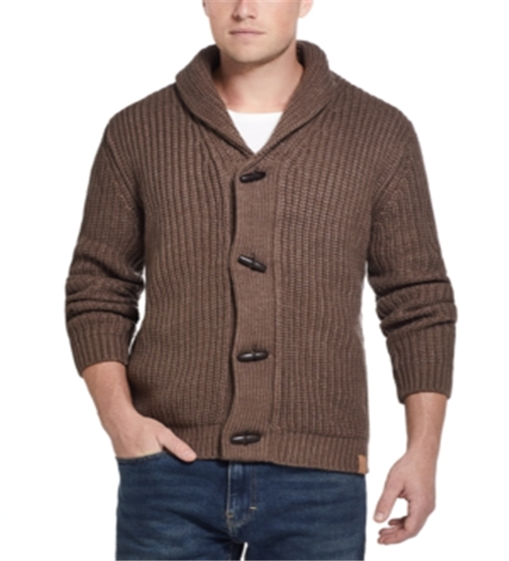 Cardigan masculino canelado Vintag à prova de intempéries com botões marrom tamanho médio