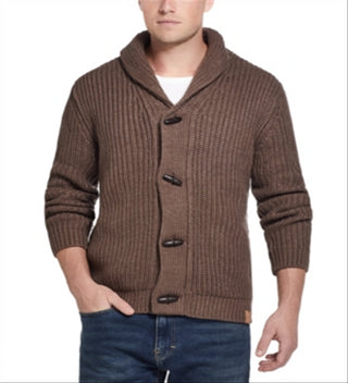 Cardigan masculino canelado Vintag à prova de intempéries com botões marrom tamanho médio