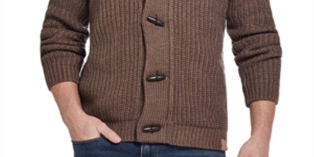 Cardigan masculino canelado Vintag à prova de intempéries com botões marrom tamanho médio
