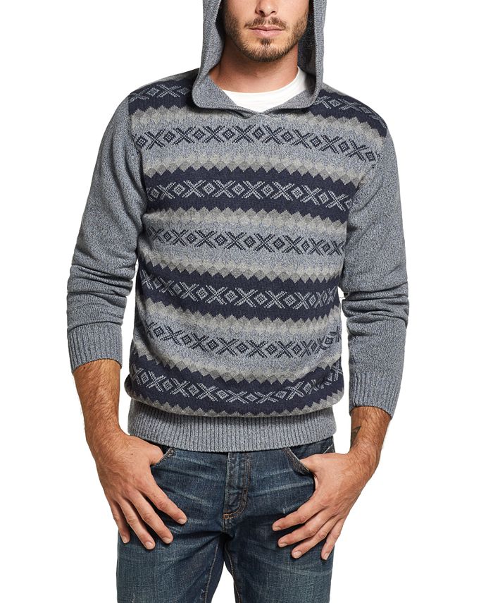 Suéter masculino vintage de malha jacquard com capuz azul tamanho extragrande