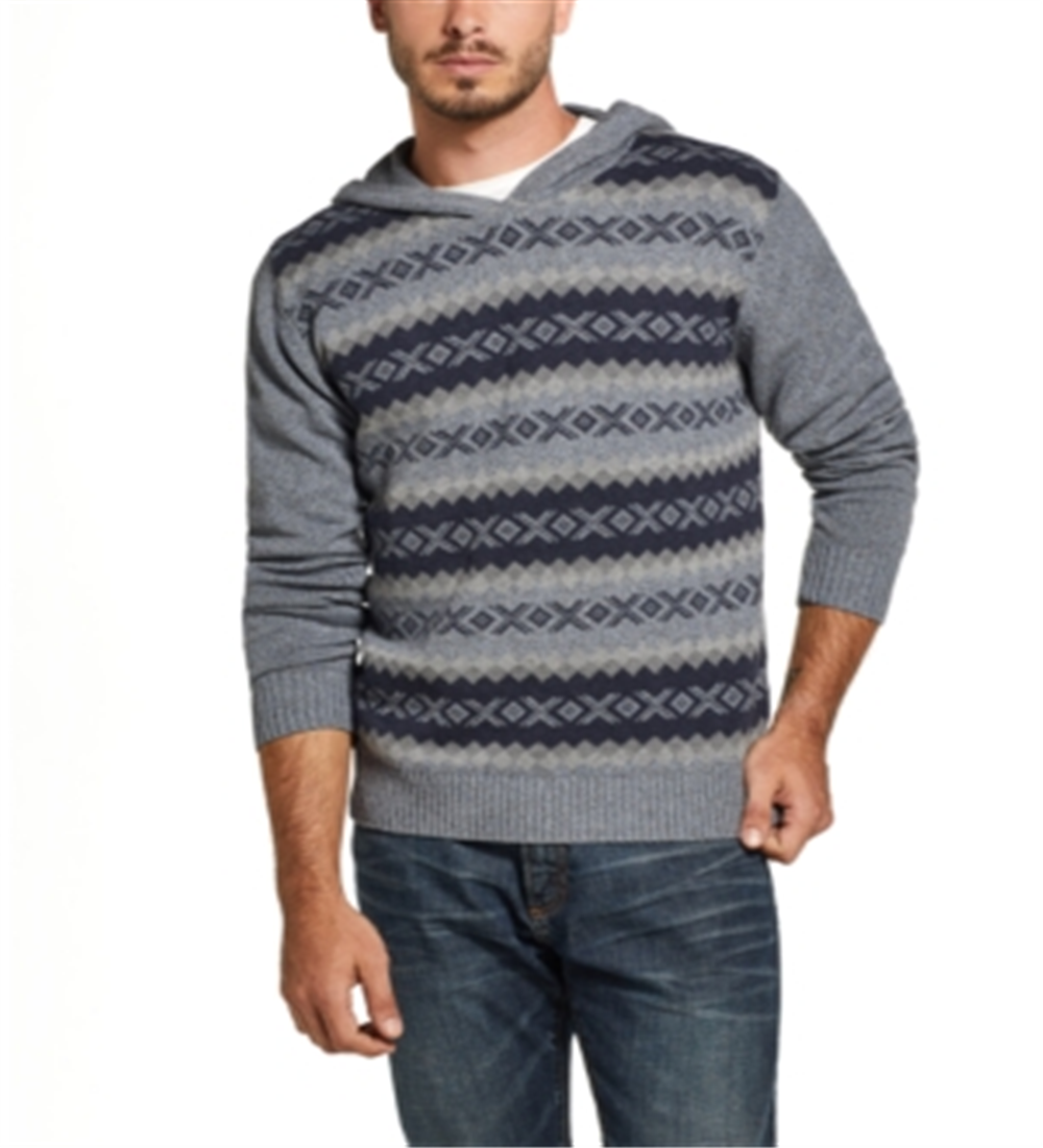 Suéter masculino vintage de malha jacquard com capuz azul tamanho extragrande