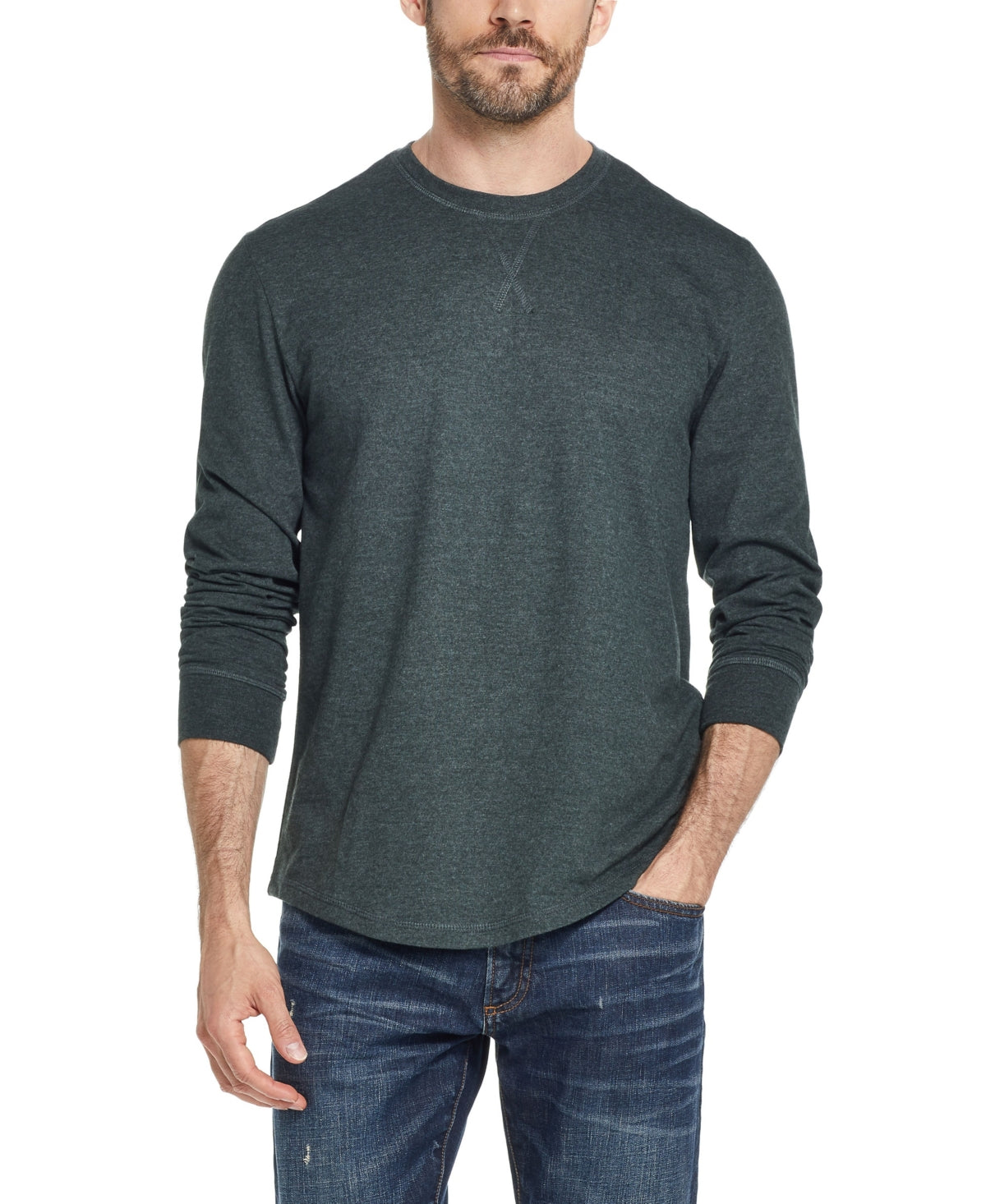 Camiseta masculina vintage de manga comprida escovada e gola redonda, à prova de intempéries, verde, tamanho grande