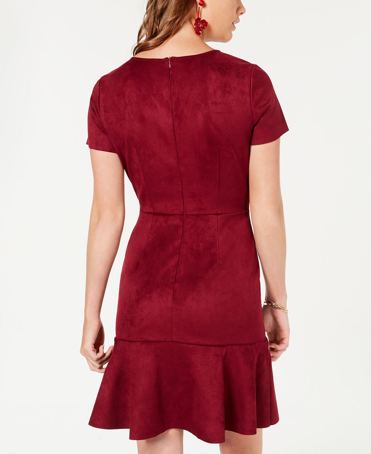 Vestido curto de camurça sintética Rosie Harlow feminino, manga curta, gola redonda, vermelho, tamanho pequeno