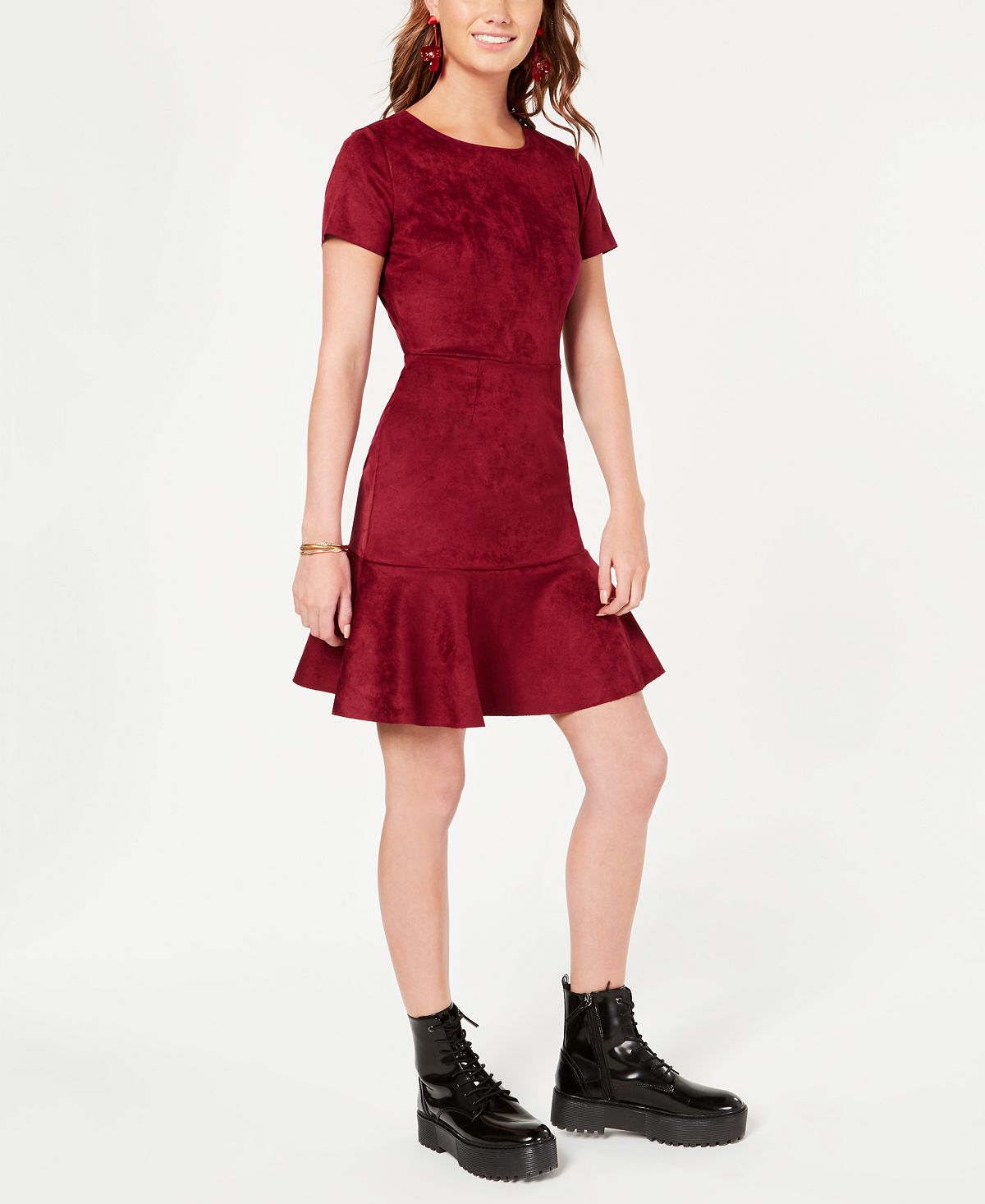 Vestido curto de camurça sintética Rosie Harlow feminino, manga curta, gola redonda, vermelho, tamanho pequeno