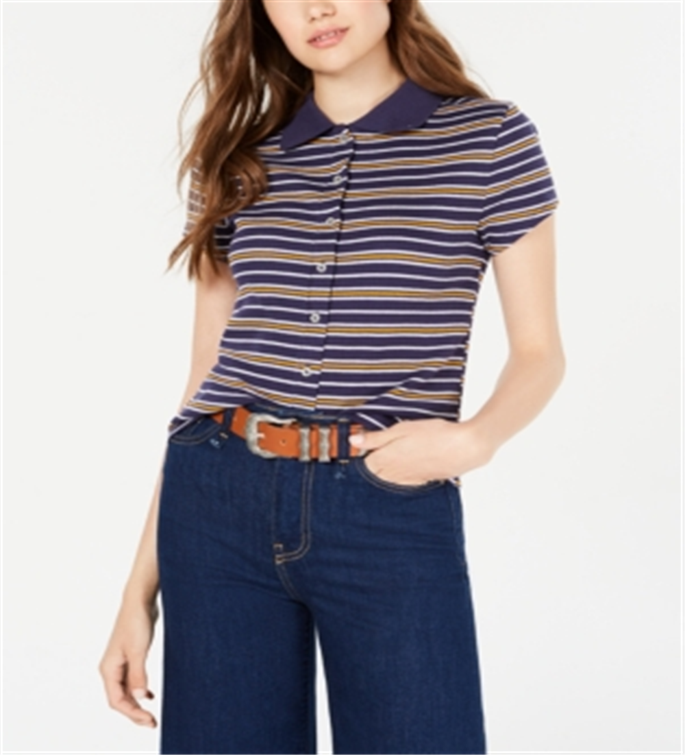 Polo feminino Planet Gold New com botões frontais e listras, tamanho grande, azul