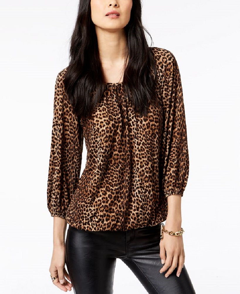 Blusa camponesa com estampa de leopardo feminina Michael Kors, marrom, tamanho pequeno e grande