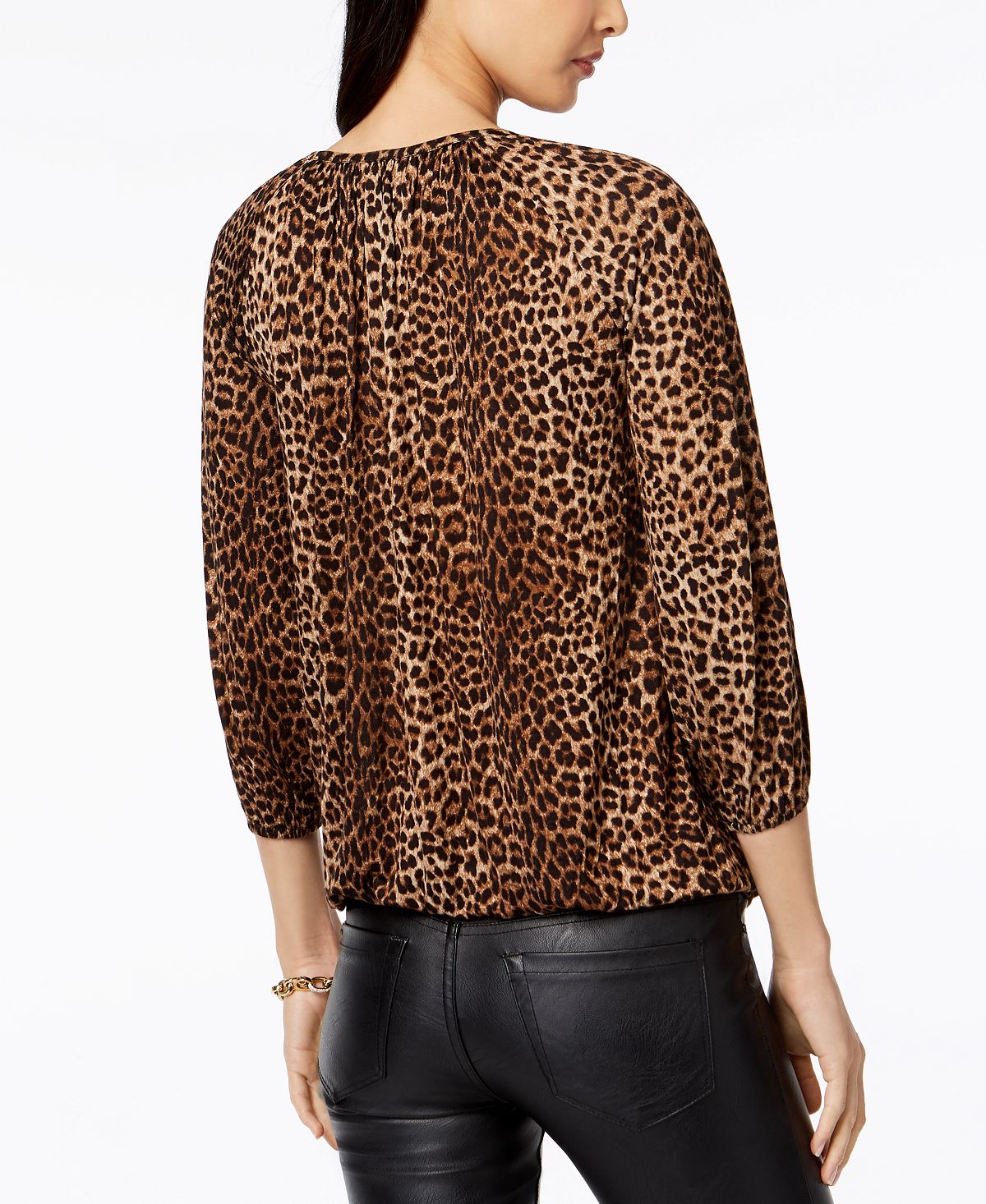 Blusa camponesa com estampa de leopardo feminina Michael Kors, marrom, tamanho pequeno e grande