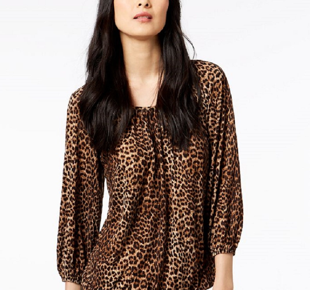 Blusa camponesa com estampa de leopardo feminina Michael Kors, marrom, tamanho pequeno e grande