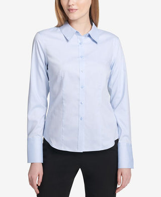 Blusa Calvin Klein Feminina com Gola Punhada e Botões Azul Tamanho 2 Petite