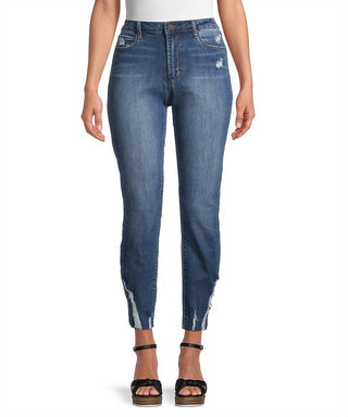 Jeans Reto Desgastado de Cintura Alta Rene para Mulher, Azul, Tamanho 28