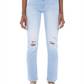 Calça Jeans Feminina Mother Rider Cintura Alta Rasgada e Barra Desfiada Azul Tamanho 26