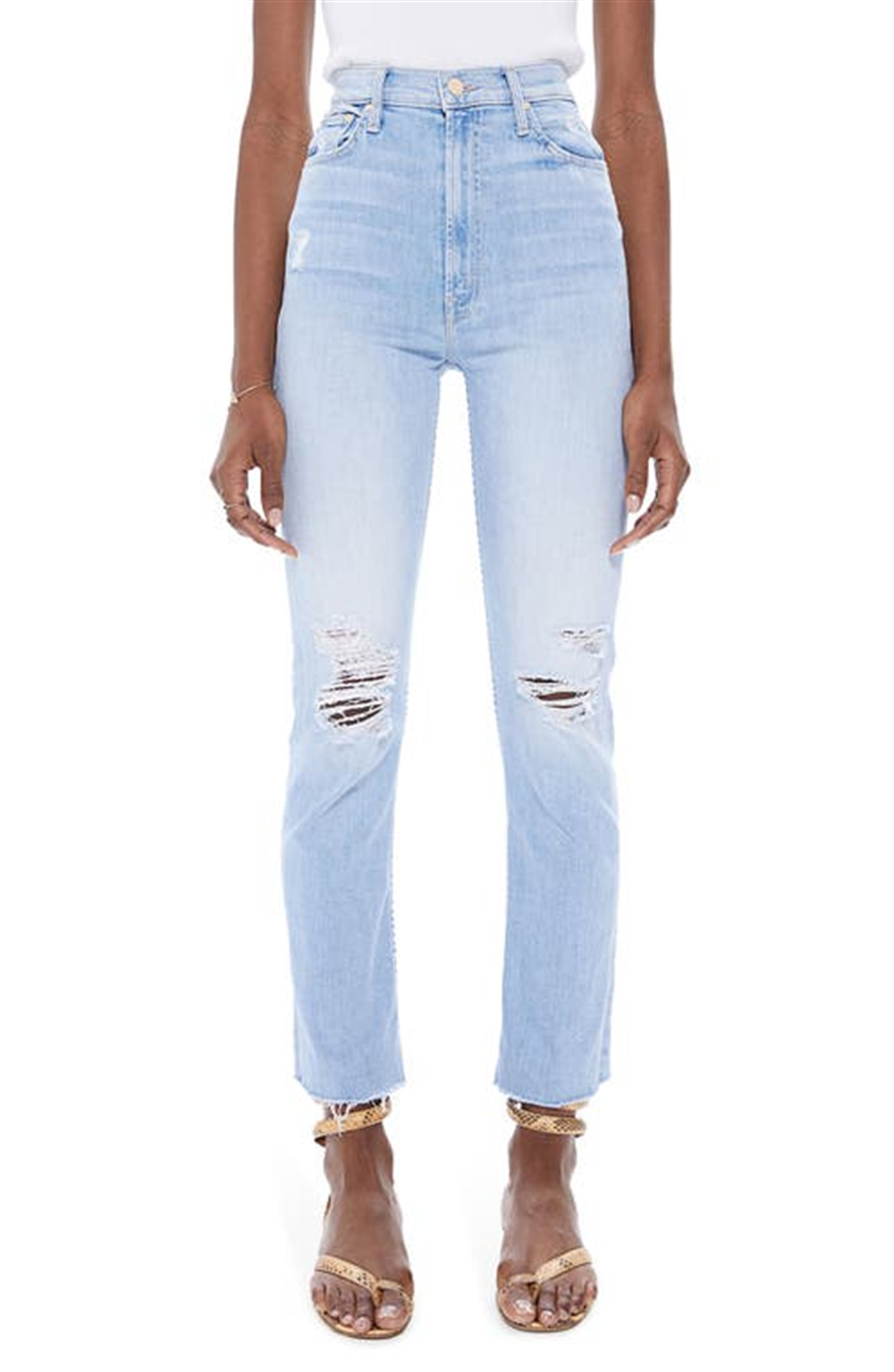 Calça Jeans Feminina Mother Rider Cintura Alta Rasgada e Barra Desfiada Azul Tamanho 26