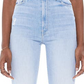 Calça Jeans Feminina Mother Rider Cintura Alta Rasgada e Barra Desfiada Azul Tamanho 26