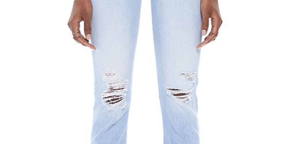 Calça Jeans Feminina Mother Rider Cintura Alta Rasgada e Barra Desfiada Azul Tamanho 26
